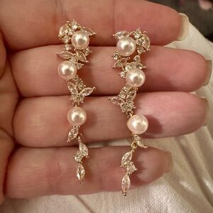 Gold Pearl, Crystal, Leaf Dangle Drop Earrings - Elegant Women Jewelry